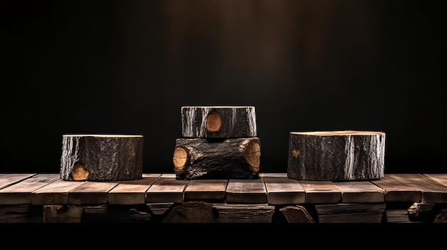 Podium de pièces en bois rustique Arrière-plan pour bijoux parfumés et produits cosmétiques Vue avant Generative Ai