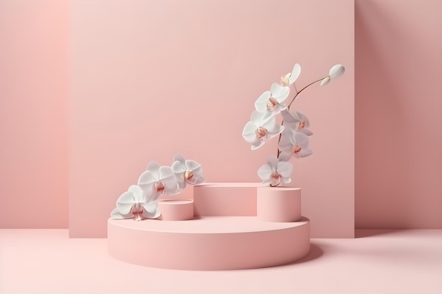 Podium de piédestal d'arrière-plan 3D avec des fleurs d'orchidées Ensemble de vitrine d'affichage pastel pour le modèle de présentation de produit cosmétique de beauté Maquette de rendu 3D minimale géométrique générée par l'IA