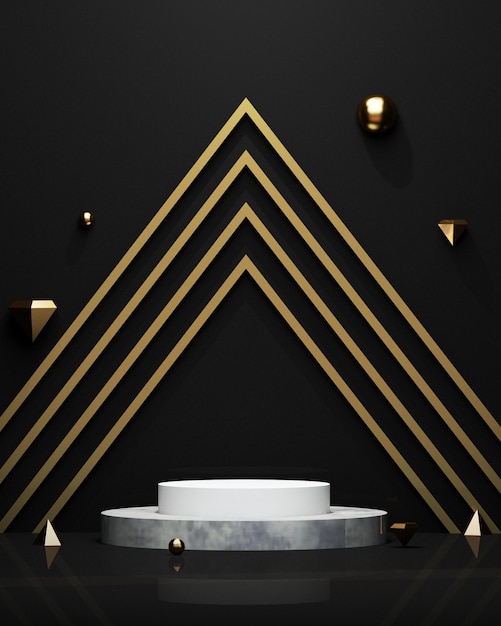 Podium ou piédestal blanc isolé avec cadres en triangle doré et fond noir 3D