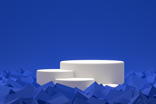 Podium ou piédestal blanc minimal sur fond bleu abstrait pour la présentation de produits cosmétiques