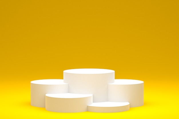 Podium ou piédestal blanc minimal sur fond jaune abstrait pour la présentation de produits cosmétiques