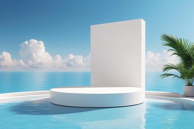 Podium de piédestal blanc minimal sur le fond de la piscine produits affichage rendu 3D