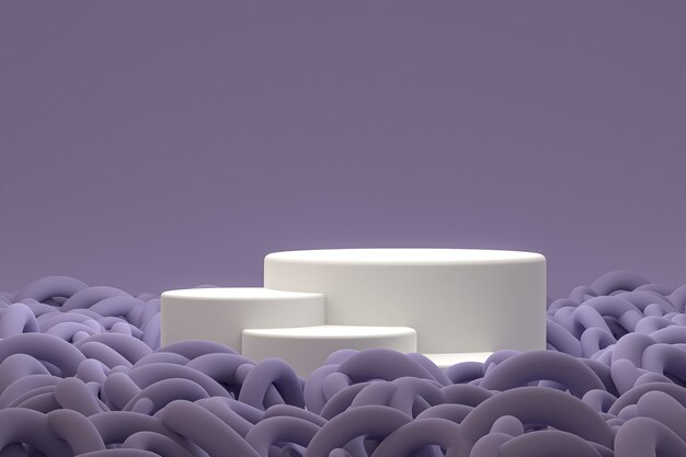 Podium ou piédestal blanc minimal sur fond violet abstrait pour la présentation de produits cosmétiques