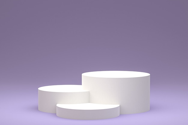 Podium ou piédestal blanc minimal sur fond violet abstrait pour la présentation de produits cosmétiques