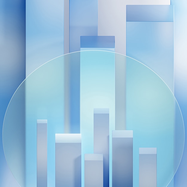 Podium ou piédestal bleu pour produits ou vitrine publicitaire à proximité du verre dépoli. Rendu abstrait 3D.