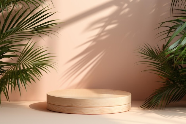 Podium de piédestal en bois sur fond beige pastel d'ombre de feuille de palmier naturel généré par l'IA