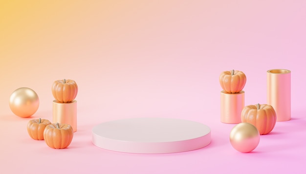 Podium ou piédestal avec citrouilles pour l'affichage des produits ou la publicité pour les vacances d'automne sur fond rose et orange, rendu 3d