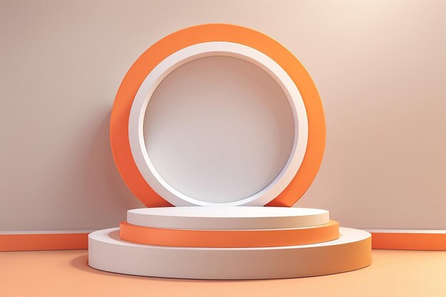 Podium de piédestal en cylindre 3D blanc orange réaliste avec des formes géométriques et un cercle en relief à l'arrière-plan de la scène d'anneau Scène minimale abstraite pour l'affichage de maquettes de produits Scène pour la vitrine