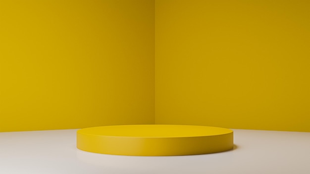 Podium de piédestal de cylindre 3D réaliste avec fond de pièce d'angle jaune doux