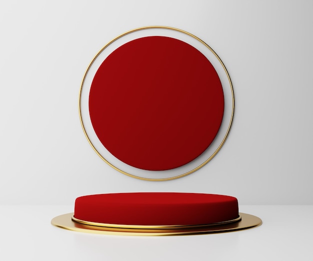 Podium de piédestal de cylindre 3D réaliste en rouge foncé et or avec un fond de cercle