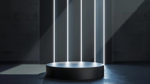Podium de piédestal en cylindre argenté avec l'éclat abstrait Concept de pièce vide Scifi avec éclairage au néon lumineux vertical Rendering moderne en forme 3D Présentation de l'affichage du produit Mur futuriste minimaliste