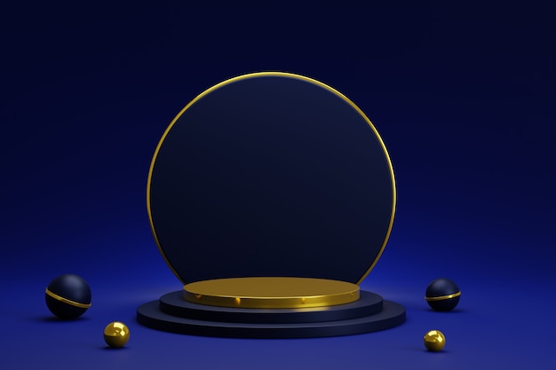 Podium de piédestal de cylindre d'or bleu abstrait 3d avec des boules