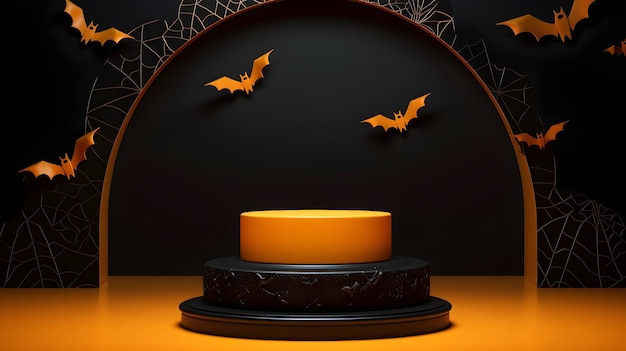 Podium de piédestal de cylindre orange et noir 3D réaliste avec décoration d'halloween