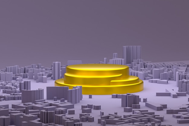 Podium ou piédestal minimal en or sur fond de carte pourpre des bâtiments de la ville rendu 3d pour la présentation de produits cosmétiques