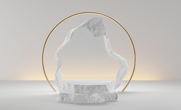 Podium ou piédestal en pierre blanche de luxe avec arc en or à cadre de roche transparent et toile de fond abstraite avec lumière Scène de studio minimaliste pour la cérémonie de remise des prix beauté produit cosmétique affichage rendu 3d