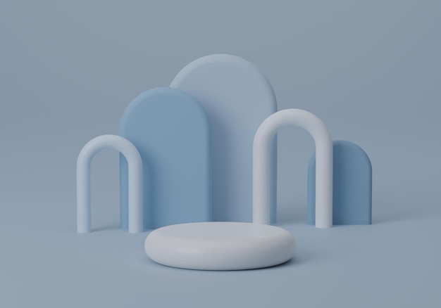 Podium ou piédestal rond cosmétique avec sur fond bleu Podium d'affichage de produit abstrait Studio de rendu 3d avec des formes géométriques Scène minimale de produit cosmétique avec plate-forme