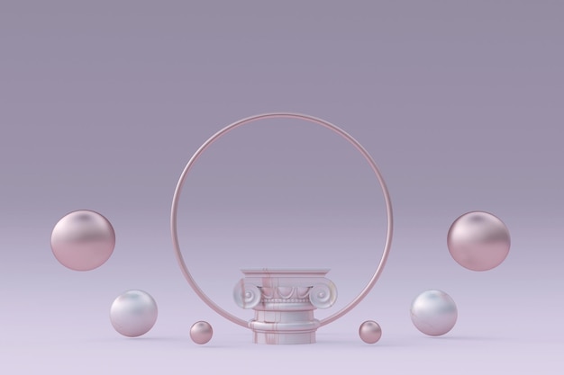 Podium de piédestal rose pastel en marbre 3D avec des bulles de sphères Support minimal pour la présentation