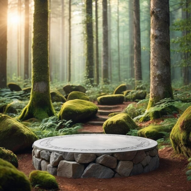 le podium en pierre dans la forêt magique est vide