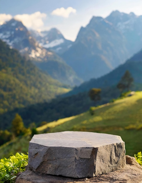 Podium en pierre devant une montagne pour la présentation de produits