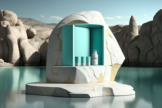 Podium en pierre avec un fond de lac turquoise Maquette d'un produit de vente au détail ou d'un présentoir cosmétique
