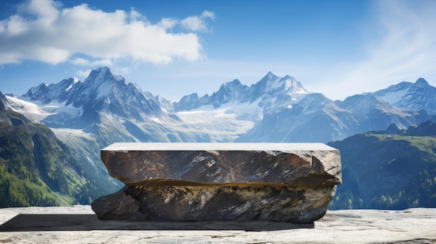 Podium en pierre sur le fond d'un paysage de montagne pour la présentation de produits cosmétiques