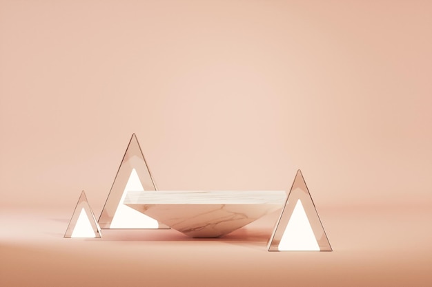 Podium en pierre et lumières triangulaires au sol sur scène de couleurs rose pastel rendu 3d