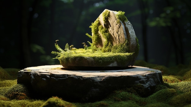 Un podium en pierre avec de la mousse verte