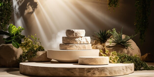 Podium en pierre naturelle et en béton dans un décor naturel pour la présentation de produits d'emballage