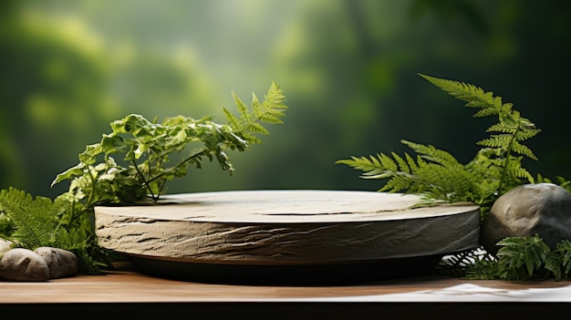 Podium en pierre naturelle et en béton avec un fond pittoresque avec des feuilles vertes