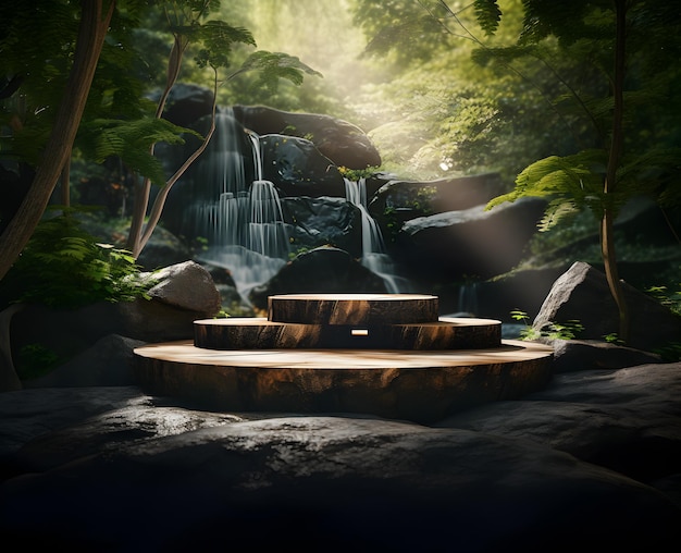 Podium en pierre naturelle et piédestal pour l'exposition de produits dans la forêt verte illustration de rendu 3D