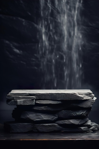 Podium en pierre noire avec des éclaboussures d'eau Mock-up pour la présentation de produits Piédestal ou plate-forme pour les produits de beauté Scène vide Scène d'affichage Podium avec espace de copie IA générative
