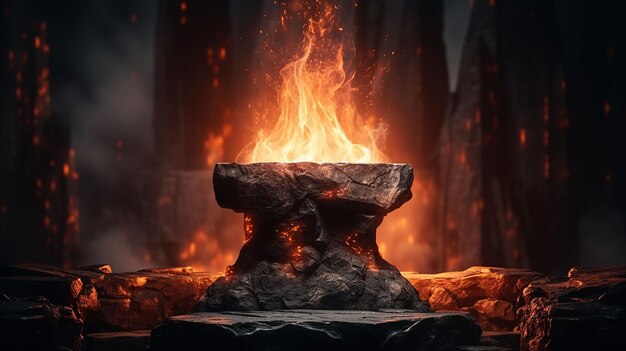 Podium en pierre de piédestal en feu avec une étincelle de feu sur fond de drak