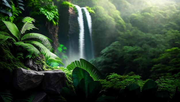 podium de pierre plat et feuilles tropicales toile de fond naturelle générée par l'IA