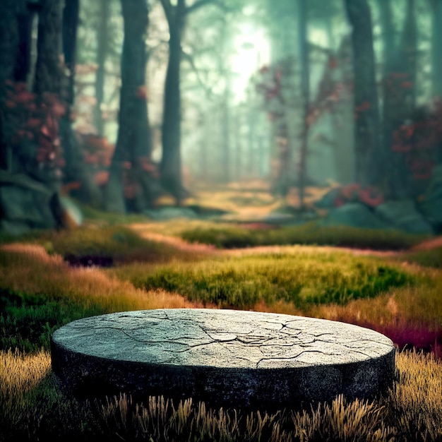 Podium en pierre plate dans la forêt magique illustration 3d fond de support rond vide scène naturelle pour l'affichage de produits cosmétiques design minimal
