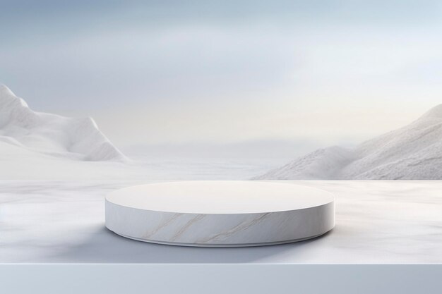Podium en pierre ronde vide sur fond d'hiver avec espace de copie pour l'affichage du produit