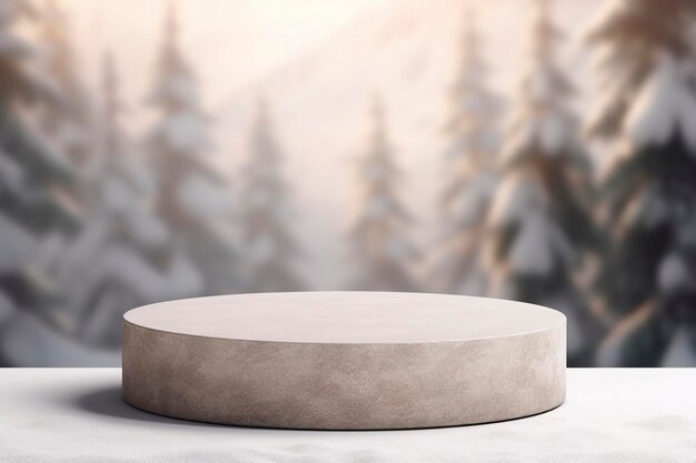 Podium en pierre ronde vide sur fond d'hiver avec espace de copie pour l'affichage du produit