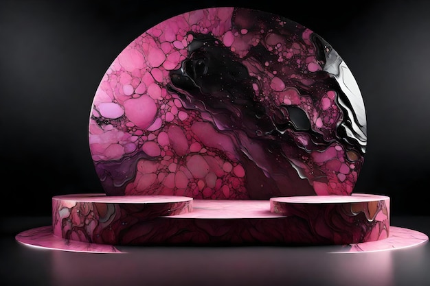 Podium en pierre rose avec fond de marbre rose brillant