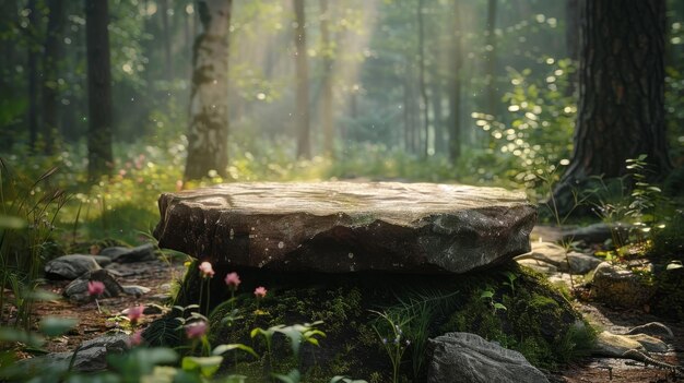 Podium en pierre rustique dans une clairière forestière idéal pour les objets inspirés de la nature