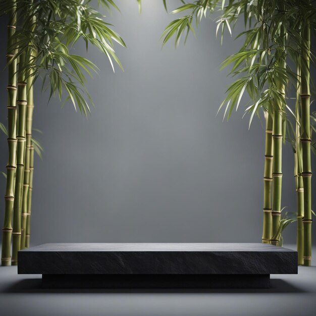 Podium en pierre sombre pour l'affichage des produits avec fond de branche de bambou