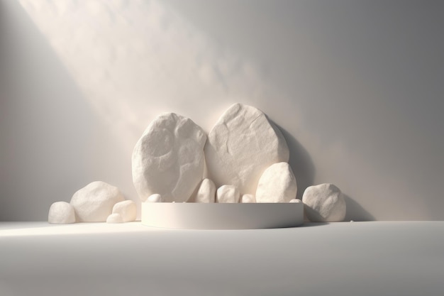 Podium de pierres pour la présentation du produit avec texture en béton blanc et ombre sur le mur Rendu 3D réaliste