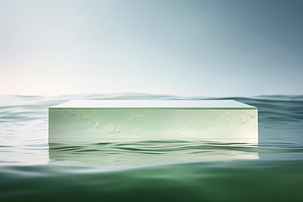 Un podium plat et vide de forme carrée peut être vu sur une surface verte transparente et claire d'une eau calme.