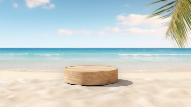 Podium de plate-forme en bois avec une plage en arrière-plan arrière-plan de présentation du produit