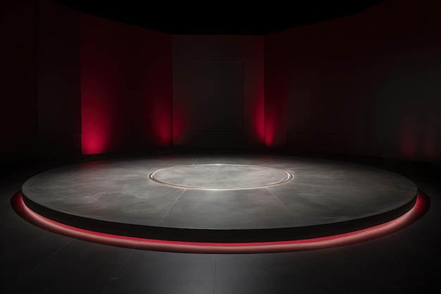 un podium de plate-forme circulaire avec néon rouge sur fond sombre