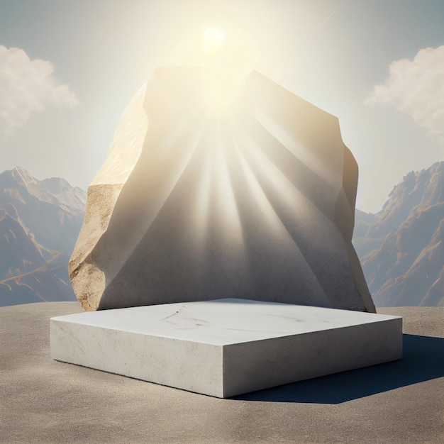 Podium ou plate-forme de roche pour l'affichage de présentation de produits avec scène de montagne Generative AI