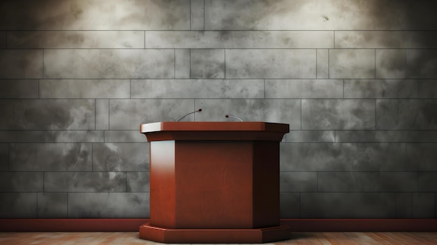 un podium avec un podium en bois devant un mur avec un mur noir et blanc derrière.
