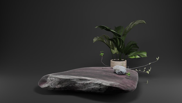 Podium pour l'affichage des produits avec une surface sombre dans le style feng shui avec des pierres et des plantes