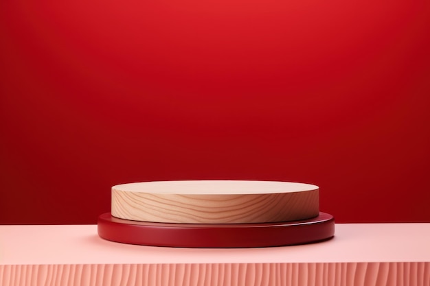 Un podium pour annoncer un produit Au premier plan se trouve un petit podium rond En arrière-plan se trouve un mur rouge vif Composition minimaliste Rendu 3D de haute qualité
