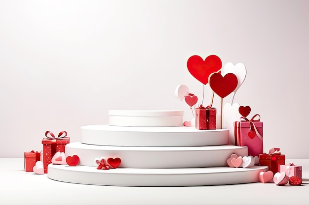 Podium pour la démonstration et l'installation de produits avec décoration de la Saint-Valentin avec des cœurs rouges