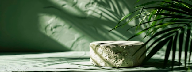 Podium pour les produits cosmétiques et les feuilles de palmier Focus sélectif