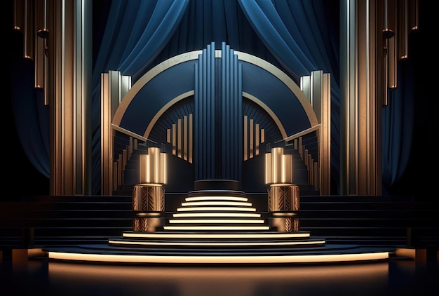podium des prix d'or et stands noirs sur scène bleue dans le style du futurisme art déco